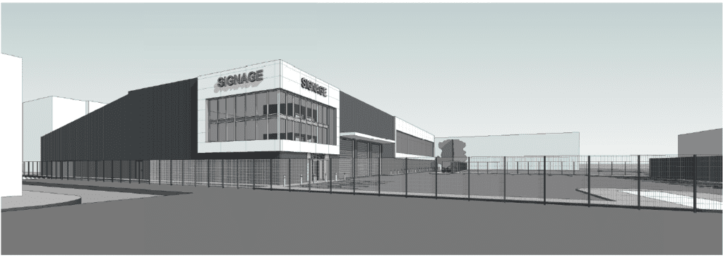 Artist rendering of a multi-level self storage building with white and gray accents and modern architecture